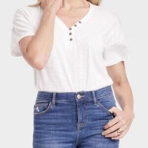 Knox Rose White Short Sleeve V-Neck Button Detail Top Size L